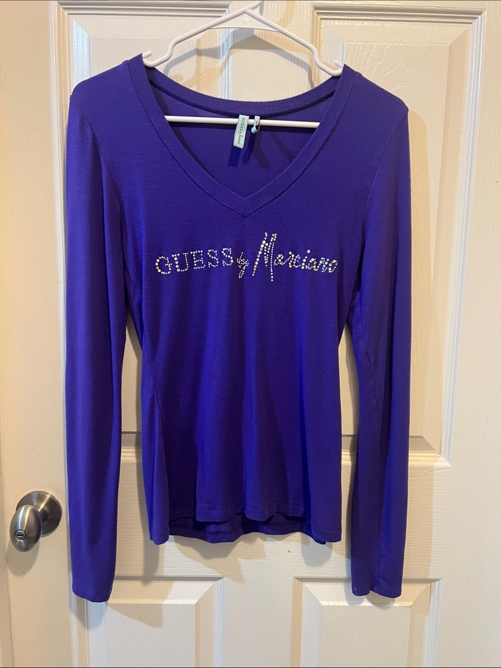 Guess by Marciano Royal Purple Long Sleeve V-Neck Top with Crystal Logo